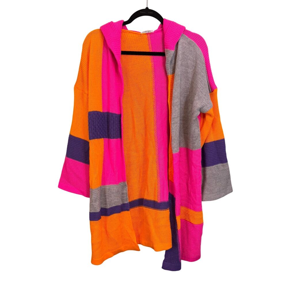 Fobya Long Cardigan 2X/3X Multi Colorblocked Wool Blend Hooded Open Front Spring